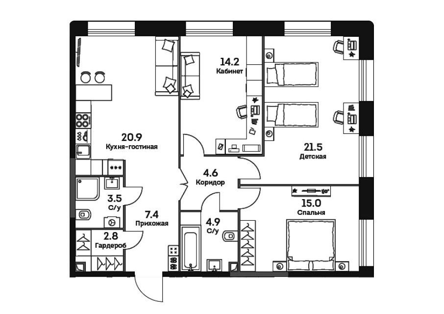 Продаётся 3-комнатная квартира, 94.8 м²