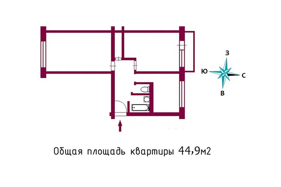 Продаётся 2-комнатная квартира, 44.9 м²