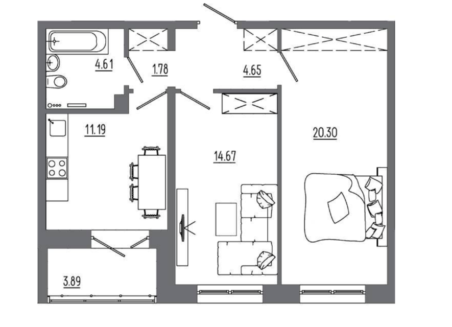 Продаётся 2-комнатная квартира, 61.14 м²