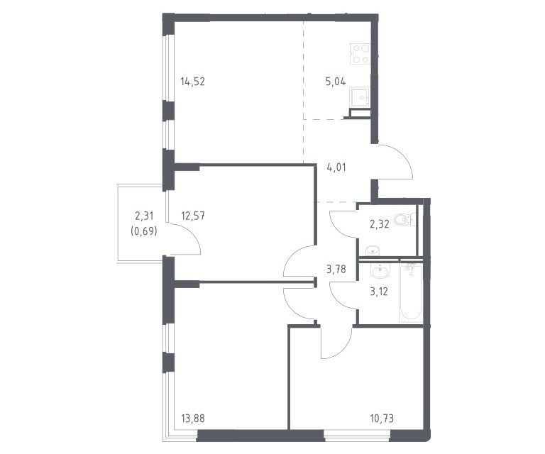 Продаётся 3-комнатная квартира, 70.66 м²