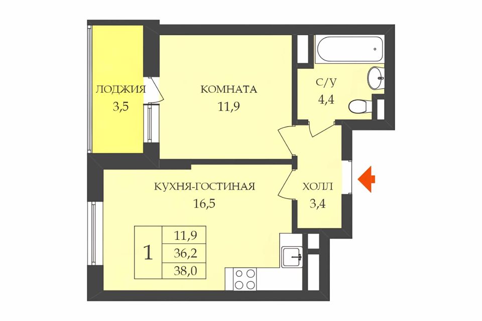 Продаётся 1-комнатная квартира, 38 м²