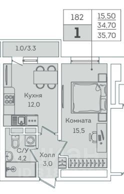 Продаётся 1-комнатная квартира, 34.7 м²