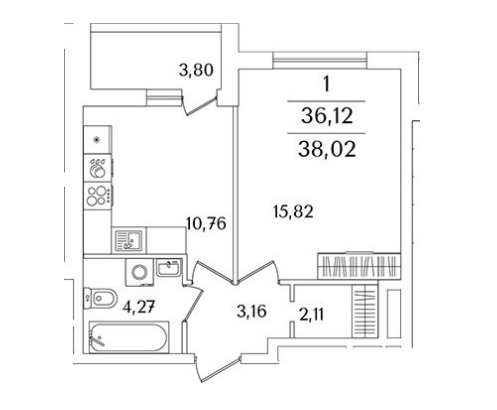 Продаётся 1-комнатная квартира, 36.12 м²