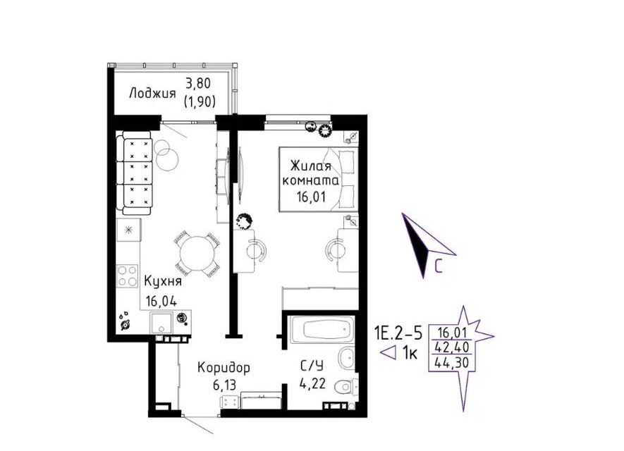Продаётся 1-комнатная квартира, 44.3 м²
