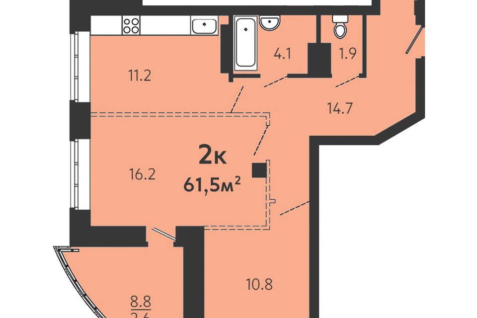Продаётся 2-комнатная квартира, 58.7 м²