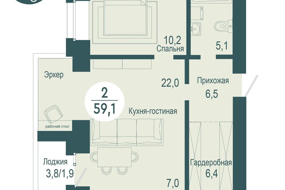 Продаётся 1-комнатная квартира, 59.1 м²