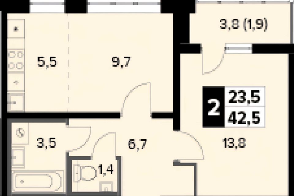 Продаётся 1-комнатная квартира, 42 м²