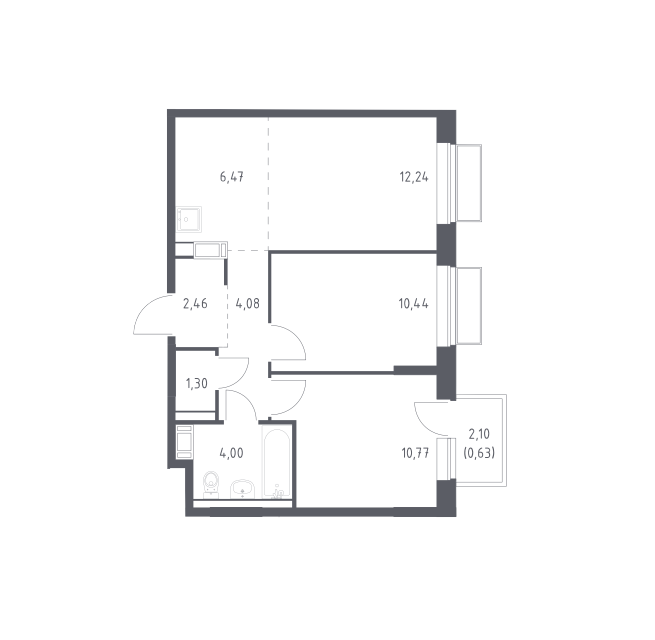 Продаётся 2-комнатная квартира, 52.39 м²