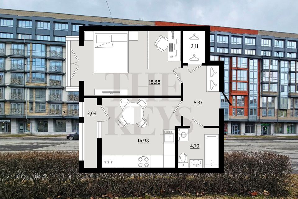 Продаётся 1-комнатная квартира, 46.3 м²