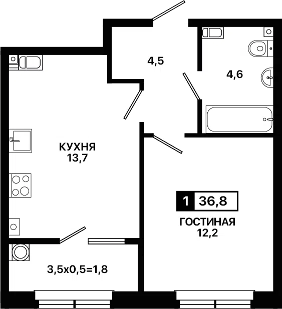 Продаётся 1-комнатная квартира, 37 м²