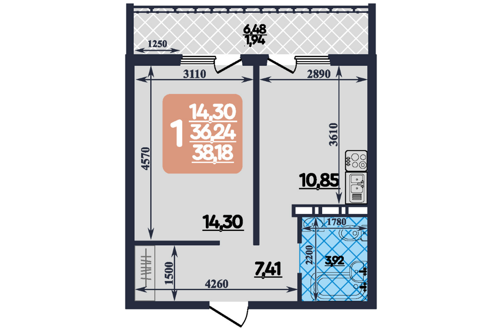 Продаётся 1-комнатная квартира, 38 м²