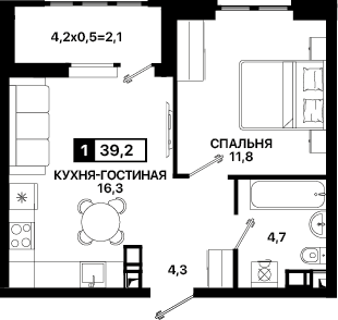 Продаётся 1-комнатная квартира, 39 м²