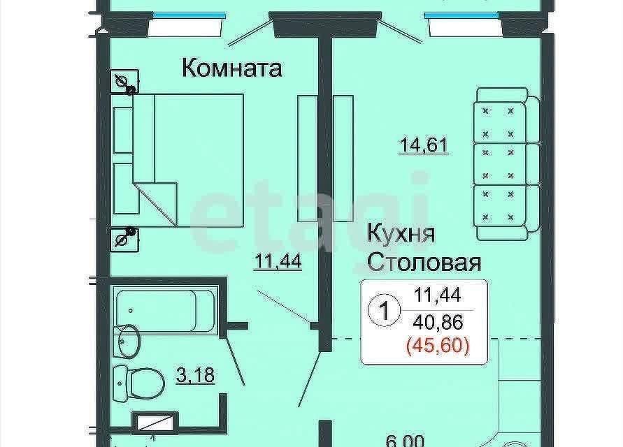 Продаётся 1-комнатная квартира, 39.1 м²