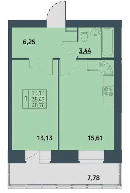 Продаётся 1-комнатная квартира, 38.1 м²