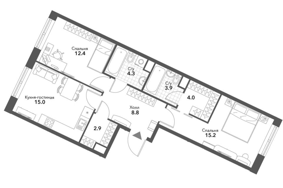 Продаётся 2-комнатная квартира, 64.4 м²