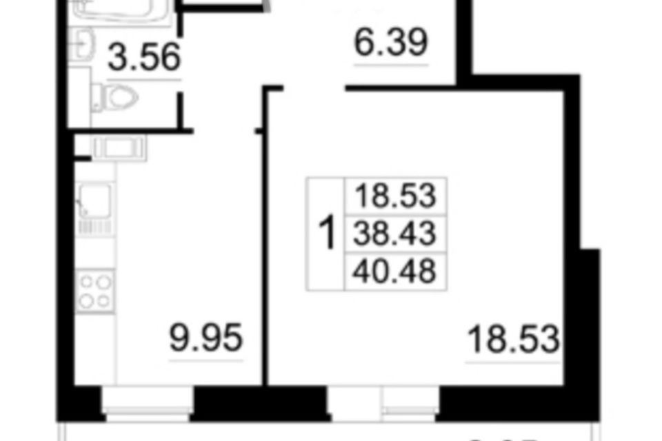 Продаётся 1-комнатная квартира, 40.48 м²