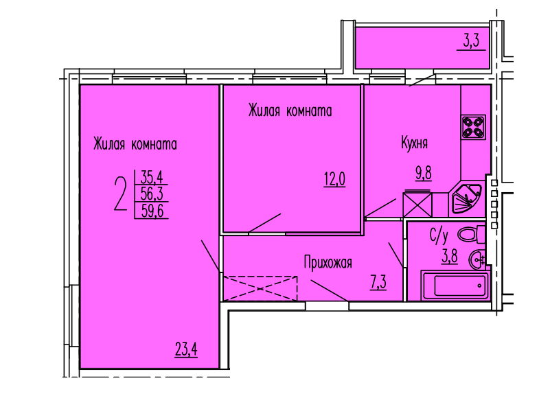 Продаётся 2-комнатная квартира, 59.6 м²