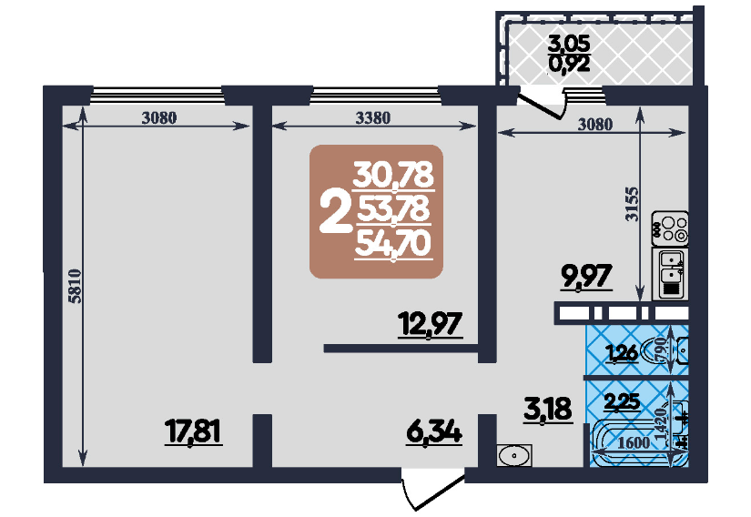 Продаётся 2-комнатная квартира, 54.7 м²