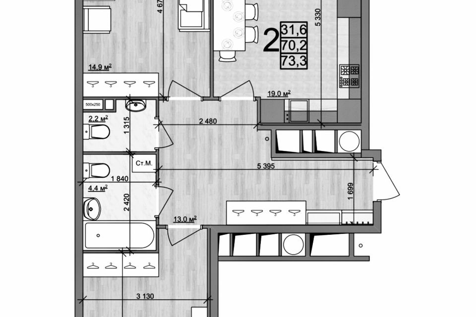 Продаётся 2-комнатная квартира, 74 м²