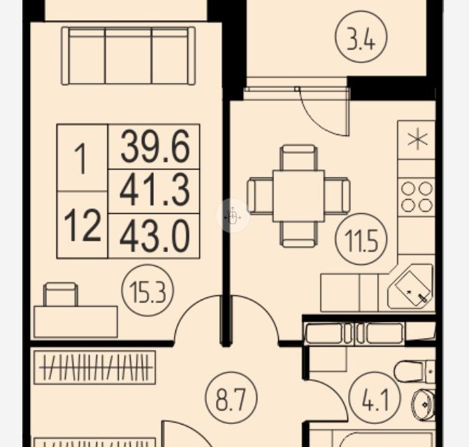 Продаётся 1-комнатная квартира, 39.6 м²