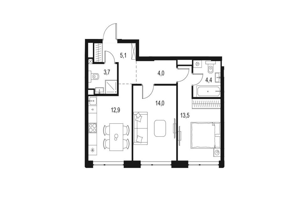 Продаётся 2-комнатная квартира, 57.6 м²