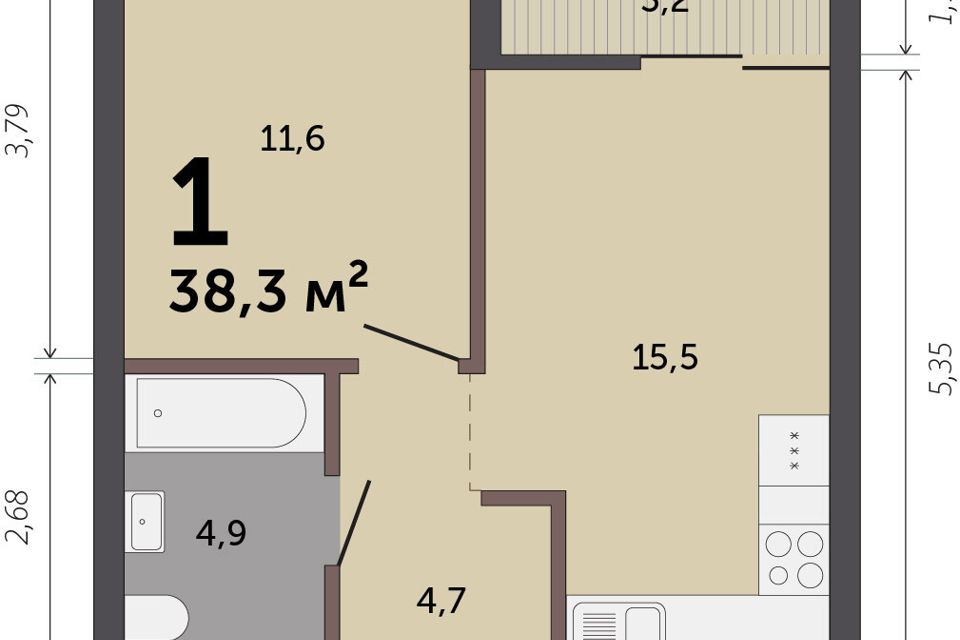 Продаётся 1-комнатная квартира, 38.3 м²