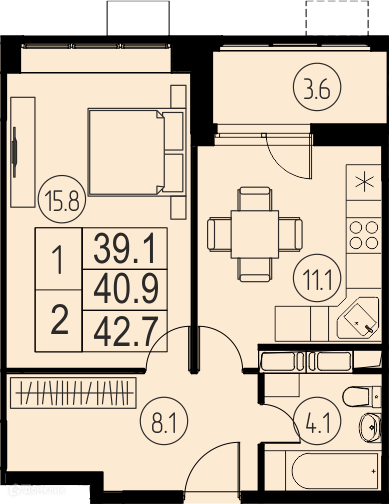 Продаётся 1-комнатная квартира, 40.9 м²