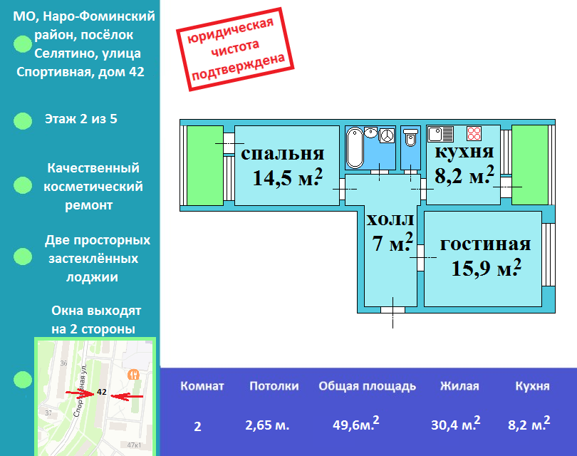 Продаётся 2-комнатная квартира, 49.6 м²