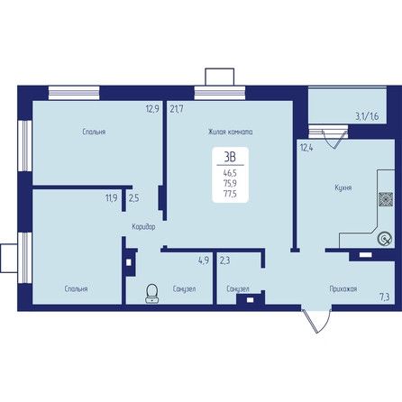 Продаётся 3-комнатная квартира, 77.5 м²