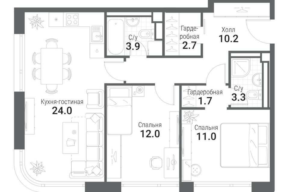 Продаётся 2-комнатная квартира, 68.6 м²
