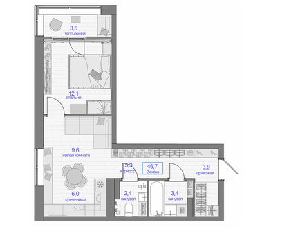 Продаётся 1-комнатная квартира, 46.7 м²