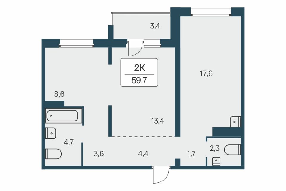 Продаётся 2-комнатная квартира, 60.1 м²
