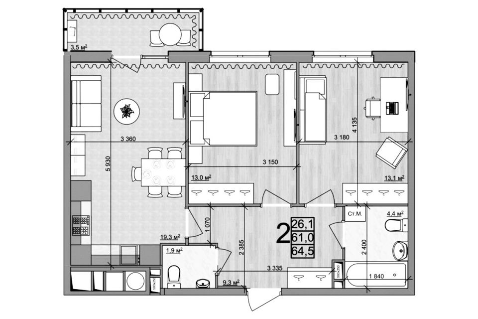 Продаётся 2-комнатная квартира, 65 м²