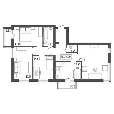 Продаётся 4-комнатная квартира, 120.34 м²