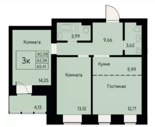 Продаётся 2-комнатная квартира, 65.41 м²