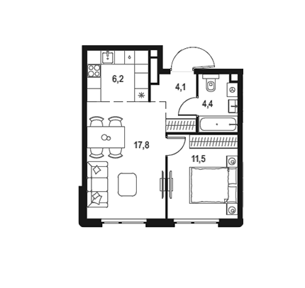 Продаётся 1-комнатная квартира, 44 м²