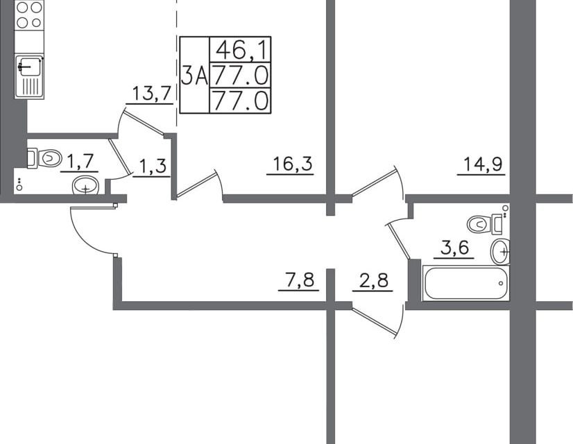 Продаётся 3-комнатная квартира, 77 м²