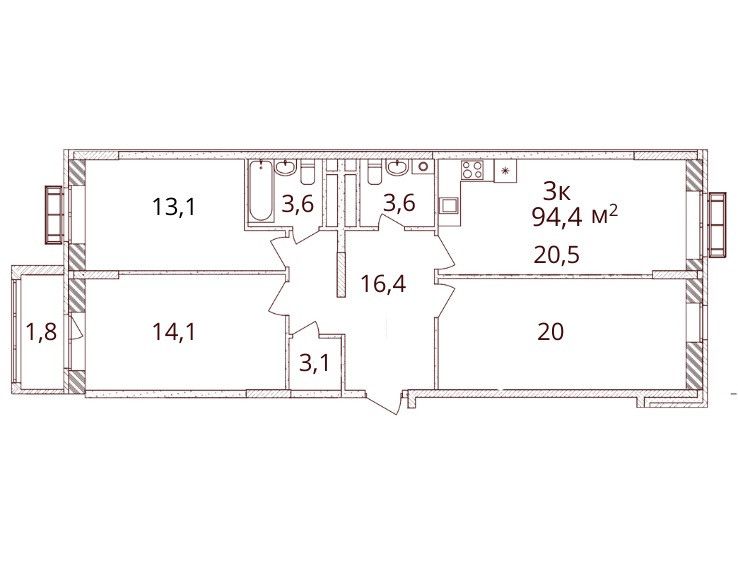 Продаётся 3-комнатная квартира, 94.4 м²