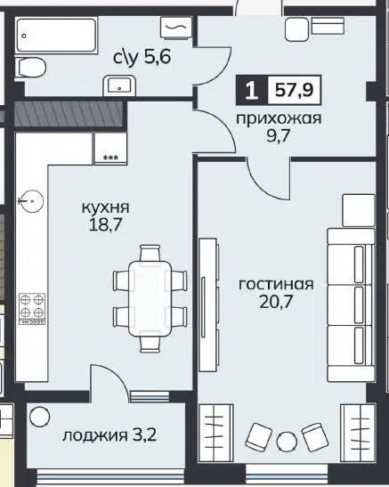 Продаётся 1-комнатная квартира, 59.6 м²