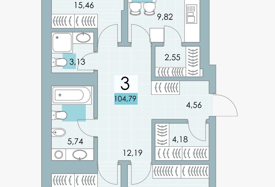 Продаётся 3-комнатная квартира, 103.45 м²