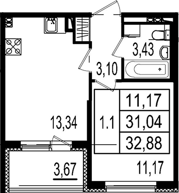 Продаётся 1-комнатная квартира, 31.04 м²