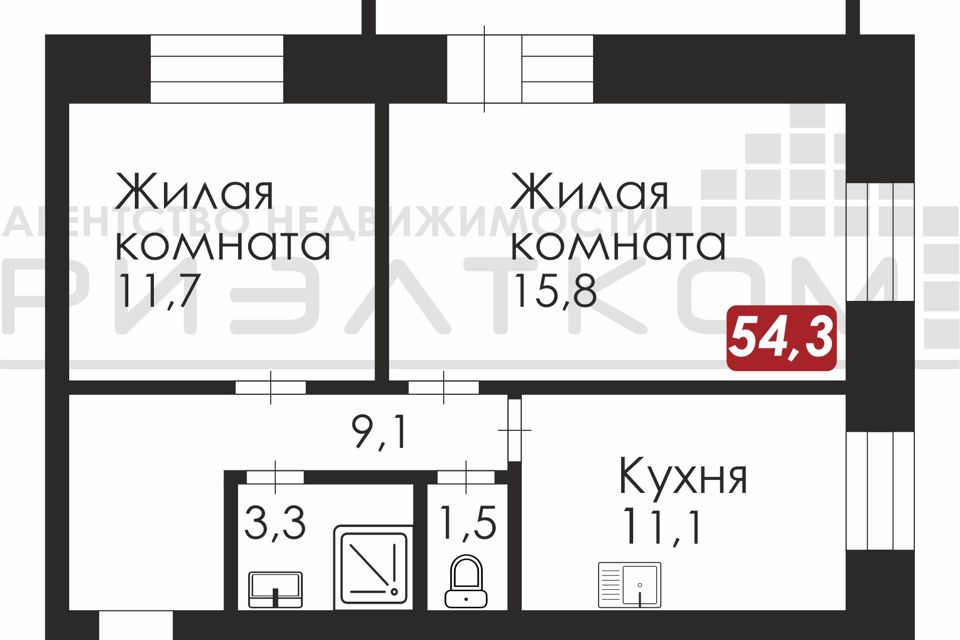 Продаётся 2-комнатная квартира, 54.3 м²