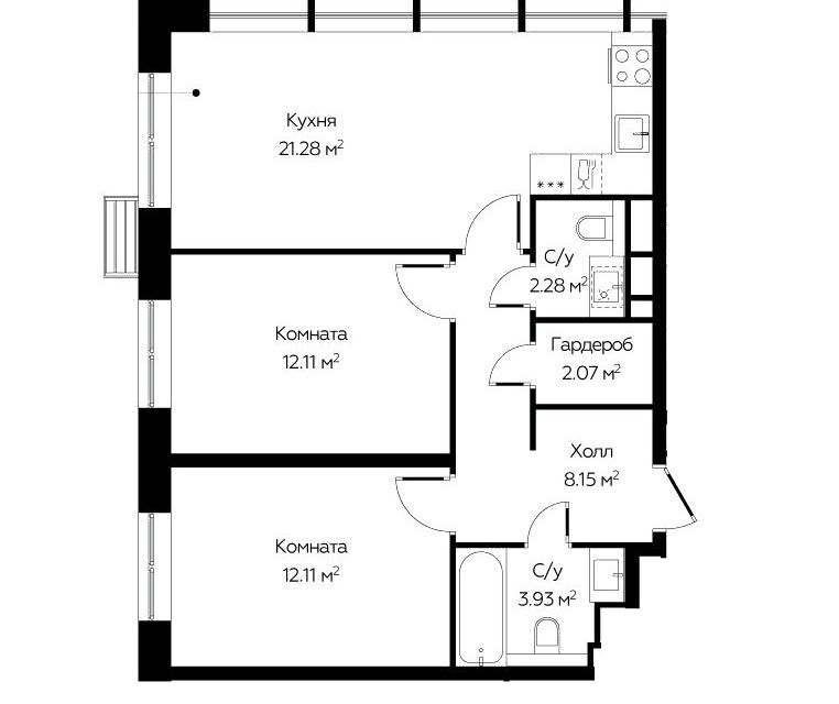 Продаётся 2-комнатная квартира, 61.93 м²