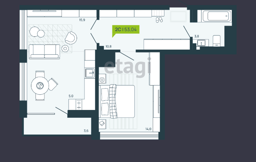 Продаётся 2-комнатная квартира, 53.04 м²