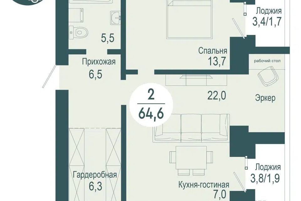 Продаётся 1-комнатная квартира, 64.6 м²