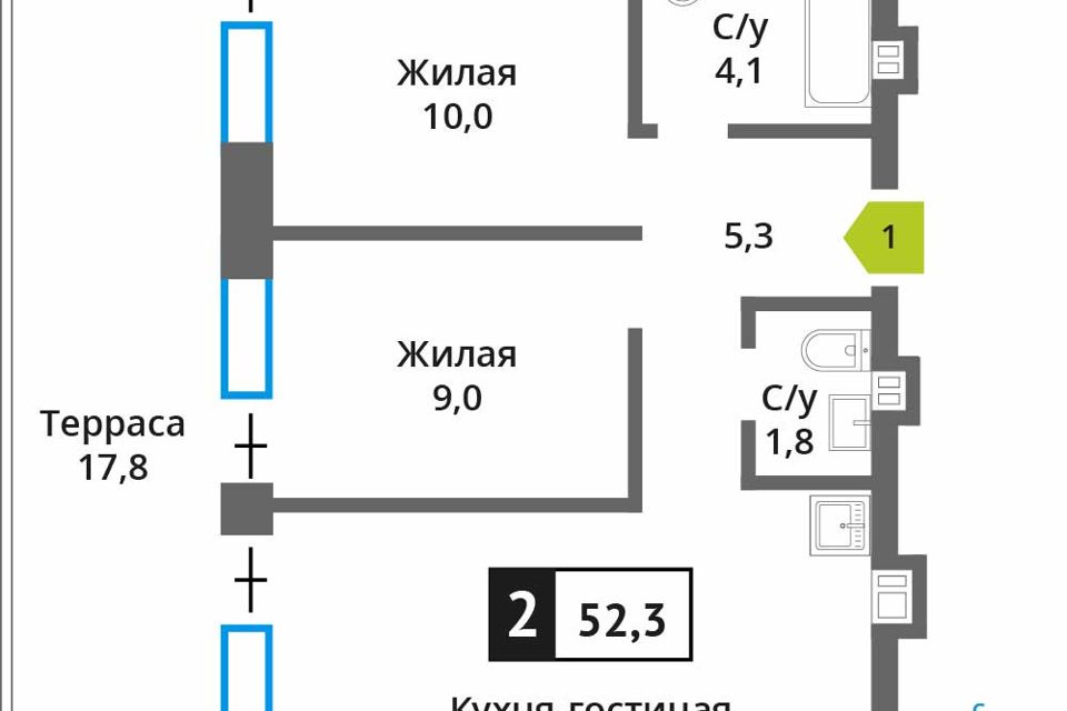 Продаётся 2-комнатная квартира, 52.3 м²