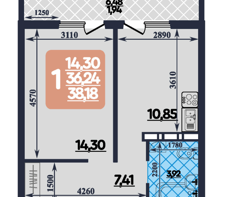 Продаётся 1-комнатная квартира, 38 м²