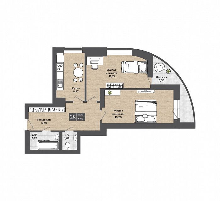 Продаётся 2-комнатная квартира, 68.19 м²