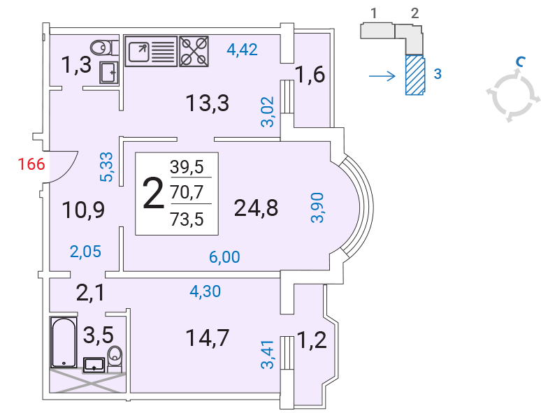 Продаётся 2-комнатная квартира, 73.5 м²