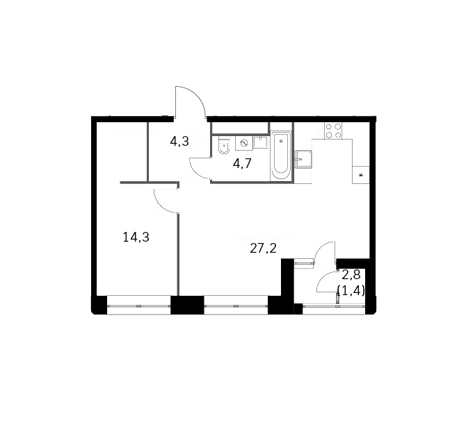 Продаётся 1-комнатная квартира, 51.9 м²